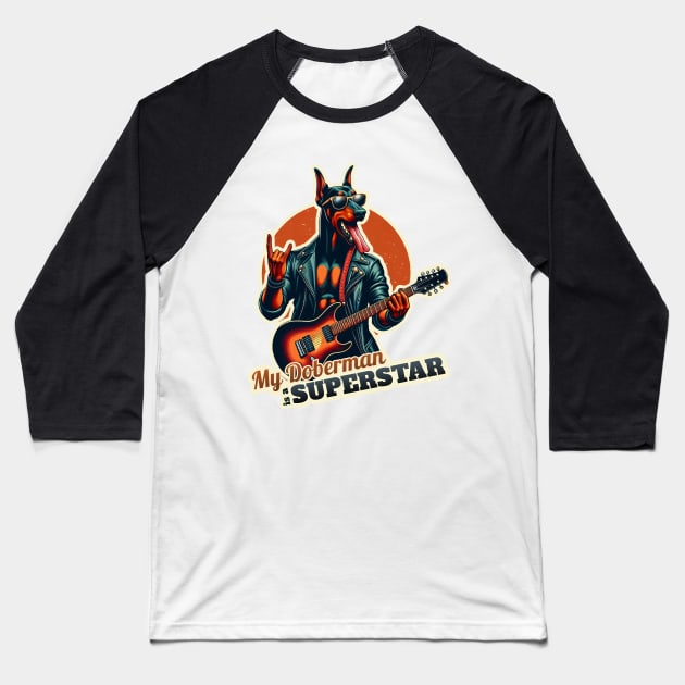 Rockstar Doberman Baseball T-Shirt by k9-tee
